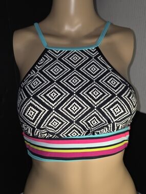 Title Nine Black & White Geo High Neck Swim Top with Aqua & Multi Stripes Sz S